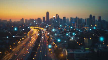 Fototapeta premium Abstract business man stands on Smart digital Innovation city with connection network reciprocity over the twilight cityscape. of future wireless digital city and social media networking systems