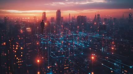 Fototapeta premium Abstract business man stands on Smart digital Innovation city with connection network reciprocity over the twilight cityscape. of future wireless digital city and social media networking systems