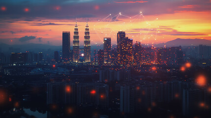 Fototapeta premium Abstract business man stands on Smart digital Innovation city with connection network reciprocity over the twilight cityscape. of future wireless digital city and social media networking systems