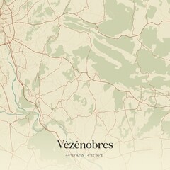 Retro map of V�z�nobres, Occitanie, France. Vintage street map.