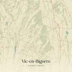 Retro map of Vic-en-Bigorre, Occitanie, France. Vintage street map.