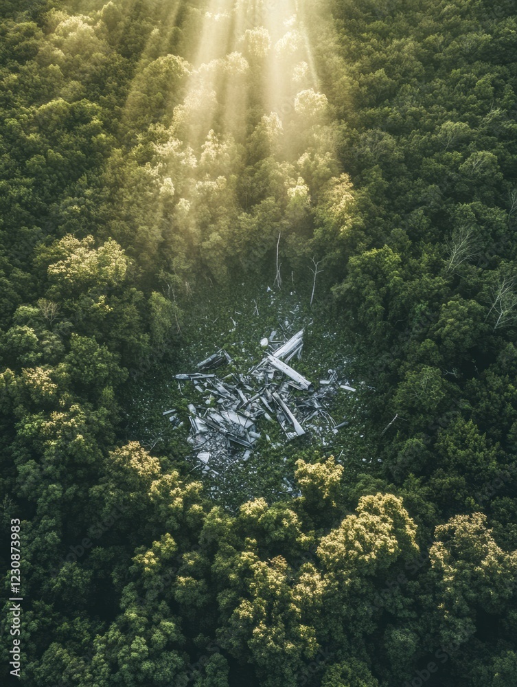 Poster Aerial view of airplane debris in dense forest clearing surrounded by tall trees and shafts of sunlight. Generative AI