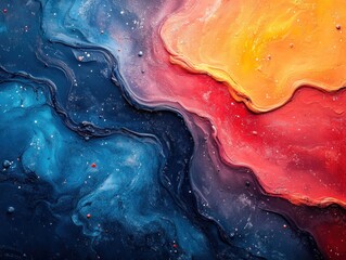Fototapeta premium Abstract fluid art with vibrant colors of blue, red, orange, and white, creating a dynamic and swirling effect