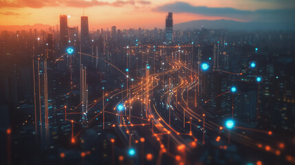 Fototapeta premium Abstract business man stands on Smart digital Innovation city with connection network reciprocity over the twilight cityscape. of future wireless digital city and social media networking systems