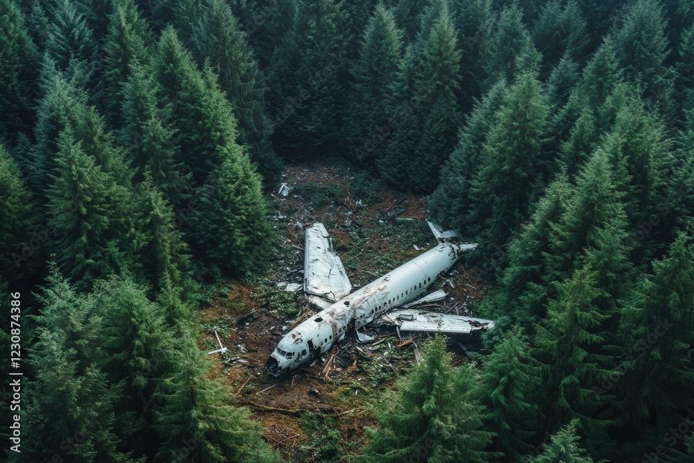 Poster aerial view reveals airplane wreckage in the heart of a dense forest landscape. generative ai