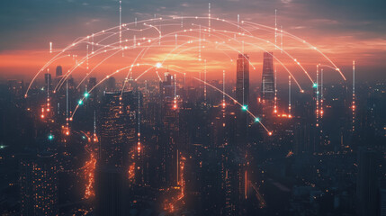 Fototapeta premium Abstract business man stands on Smart digital Innovation city with connection network reciprocity over the twilight cityscape. of future wireless digital city and social media networking systems