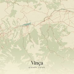 Retro map of Vin�a, Occitanie, France. Vintage street map.
