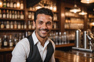 Fototapeta premium close portrait of a 40s smiling Brazilian male bartender against blurred bar background