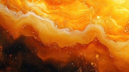 Abstract Fluid Art Texture with golden yellow and dark brown tones with bubbles and glitter