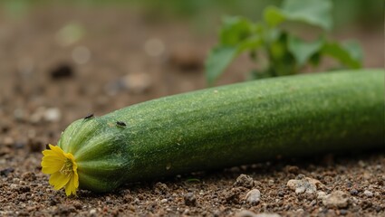 Obraz premium Lush zucchini with flower insects on soil