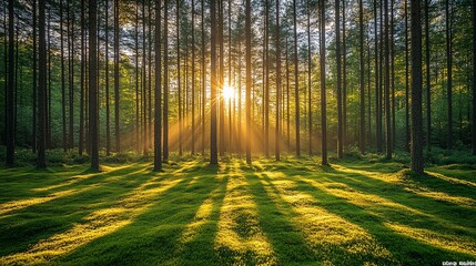 Obraz premium Sunlight streaming through tall trees in a serene forest, casting long shadows on the grass