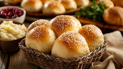 Golden dinner rolls in a rustic basket, surrounded by traditional Thanksgiving dishes like turkey, mashed potatoes, cranberry sauce, and roasted vegetables