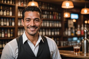 close portrait of a 40s smiling Colombian male bartender against blurred bar background