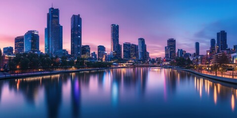 A sprawling high-tech city with state-of-the-art buildings and infrastructure, the skyline reflecting on the water as the river flows through the metropolis
