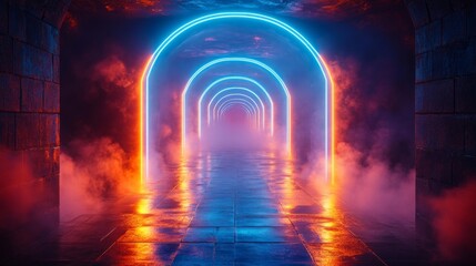 Obraz premium Neon Arches in Futuristic Underground Tunnel. Generative AI