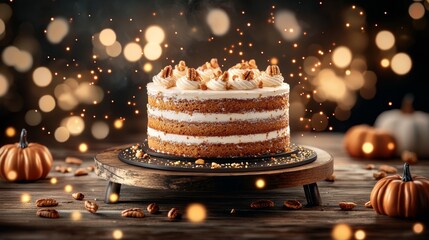 Layered carrot cake with spiced cream filling, decorated with tiny fondant pumpkins and toasted pecans, under soft ambient lighting