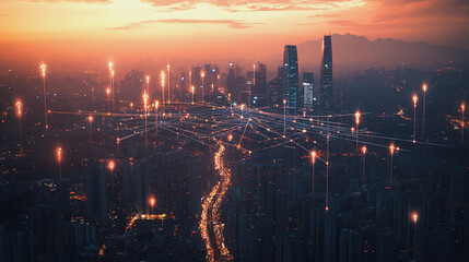 Fototapeta premium Abstract business man stands on Smart digital Innovation city with connection network reciprocity over the twilight cityscape. of future wireless digital city and social media networking systems