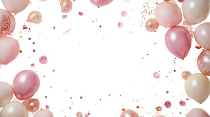 Festive pink balloons and confetti creating a border on transparent background