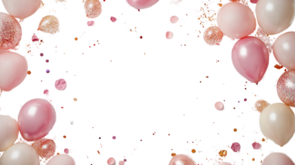 Festive pink balloons and confetti creating a border on transparent background