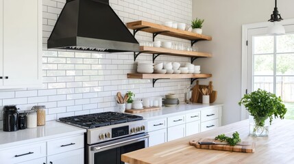 Bright Modern White Kitchen with Wood Shelves and Butcher Block Island