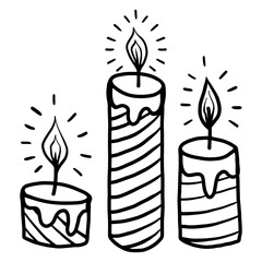 Hand drawn striped candle. Burning candle light doodle