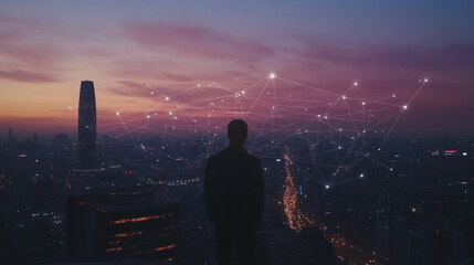 Abstract business man stands on Smart digital Innovation city with connection network reciprocity over the twilight cityscape. of future wireless digital city and social media networking systems