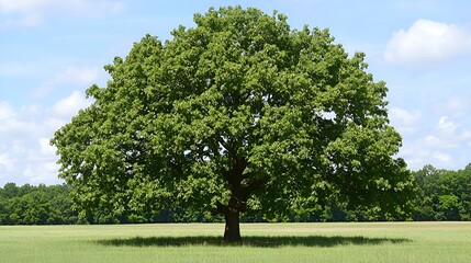 Majestic oak tree in a sunny field, nature background, perfect for environmental projects