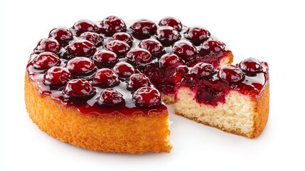 Homemade cranberry upside-down cake, rustic style, caramelized cranberry topping, fluffy sponge layer, warm autumnal hues, isolated on white background