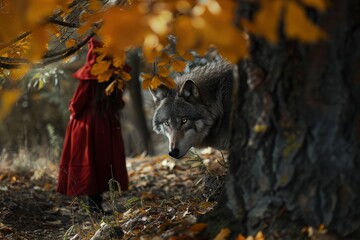 The Big Bad Wolf lurking behind a tree, watching Little Red Riding Hood from the shadows 