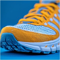 Bright Blue and Orange Sports Shoe Displayed on a Blue Background Highlighting Its Design and Details