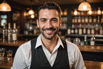 Fototapeta premium close portrait of a 40s smiling Greek male bartender against blurred bar background