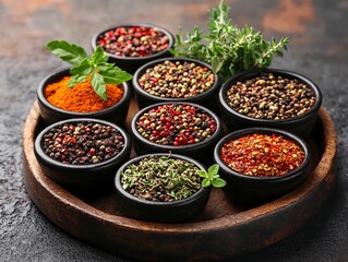 Variety of Spices Displayed in Small Bowls Arranged on a Wooden Platter on a Dark Surface Showcasing Their Vibrant Colors and Textures