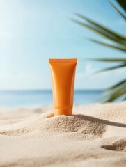 Sunscreen standing on the sand of a tropical beach under a palm tree