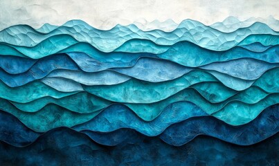 Obraz premium Abstract textured art of layered blue waves, mimicking ocean or mountains.
