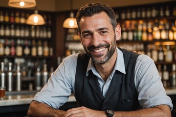 Obraz premium close portrait of a 40s smiling Israeli male bartender against blurred bar background