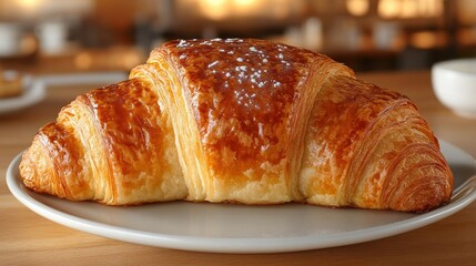 Freshly baked croissant on plate in cozy café setting