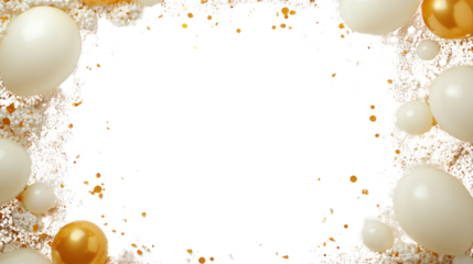 Festive golden and white balloons with confetti on transparent background