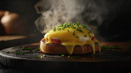 Deliciously Steaming Egg Benedict with Creamy Sauce and Chives