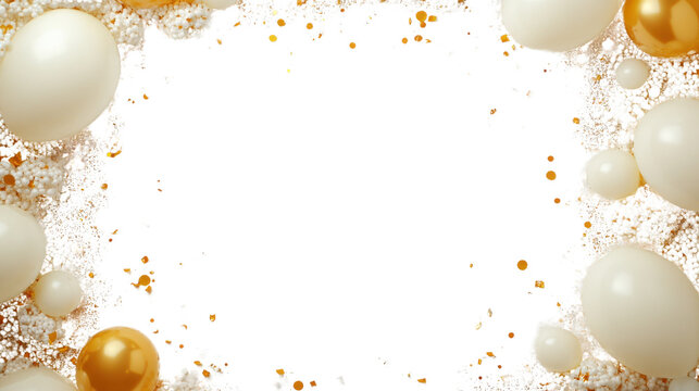 Festive golden and white balloons with confetti on transparent background