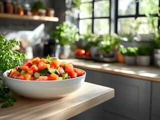 Freshly Prepared Fruit Salad in a Bright Kitchen Filled With Green Plants and Natural Light During the Day