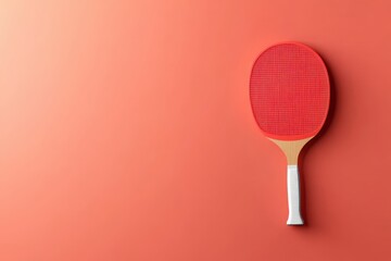 Red ping pong paddle on a coral background with copy space