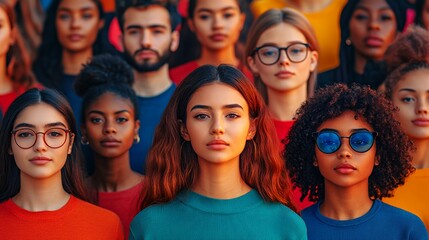 Fototapeta premium Diverse Group of Individuals Standing Together in Bright Colored Shirts During a Community Event in an Urban Setting