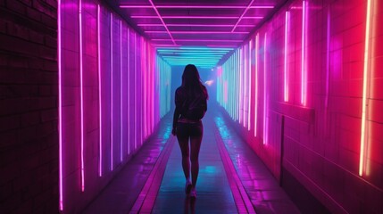 Woman Walking Through Neon Lit Tunnel at Night
