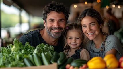 Family Enjoying a Sunny Day at a Local Farmers Market While Selecting Fresh Organic Vegetables and Fruits