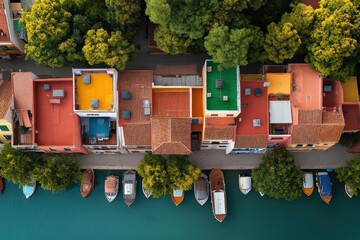 Colorful italian houses with boats along canal in burano, venice, italy, aerial view