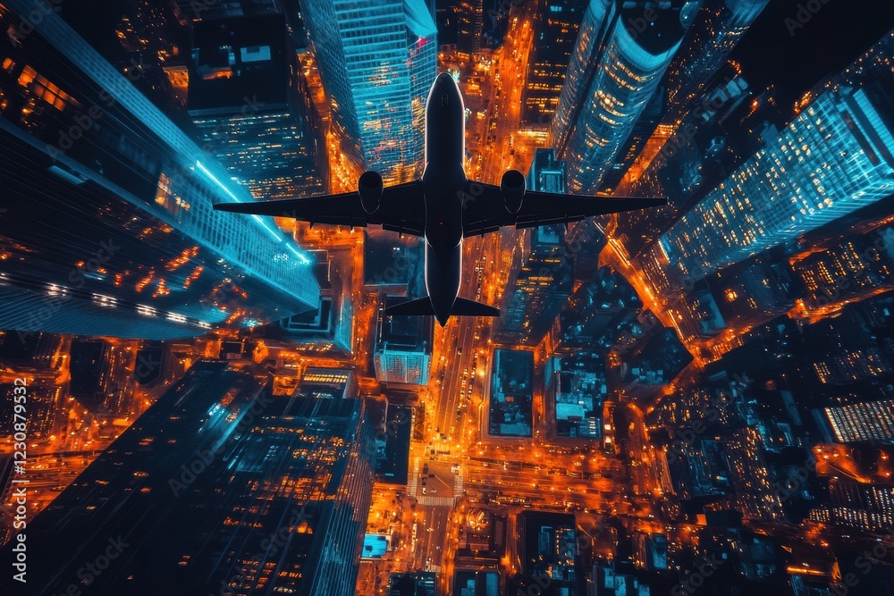 Poster airplane soaring over a vibrant cityscape illuminated by colorful lights during the nighttime. gener