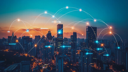 Fototapeta premium Abstract business man stands on Smart digital Innovation city with connection network reciprocity over the twilight cityscape. of future wireless digital city and social media networking systems
