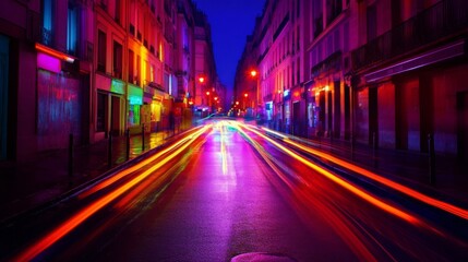 Obraz premium Vibrant Night Street in a European City with Colorful Neon Lights and Wet Pavement