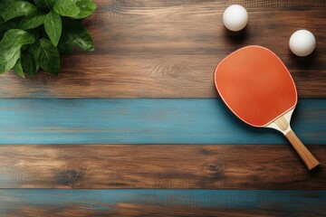 Ping pong racket and balls lying on wooden desk with plant, top view