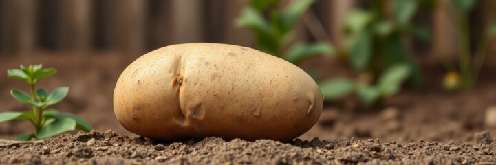 Potato in a natural setting with a rustic mood resting on soil